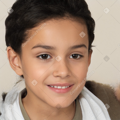 Joyful white child female with short  brown hair and brown eyes