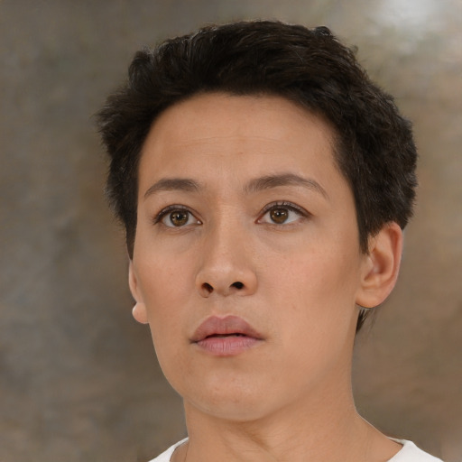Neutral asian young-adult female with short  brown hair and brown eyes