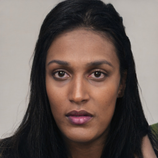 Neutral asian young-adult female with long  black hair and brown eyes