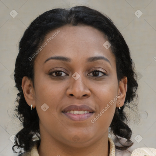 Joyful black young-adult female with medium  brown hair and brown eyes