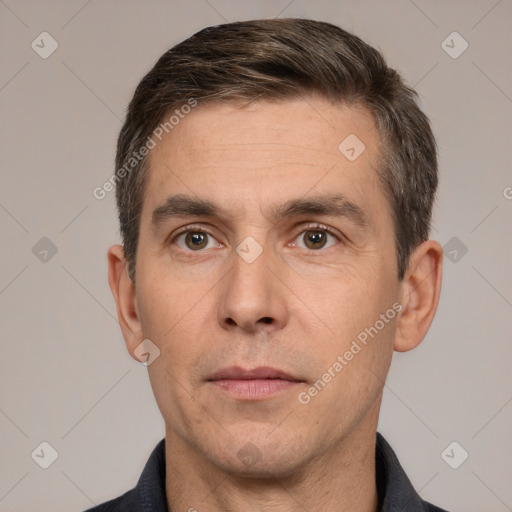 Neutral white adult male with short  brown hair and brown eyes