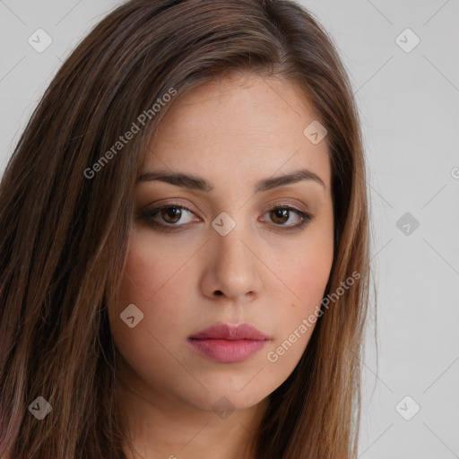 Neutral white young-adult female with long  brown hair and brown eyes