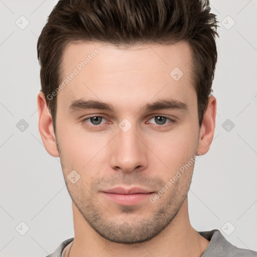 Neutral white young-adult male with short  brown hair and brown eyes