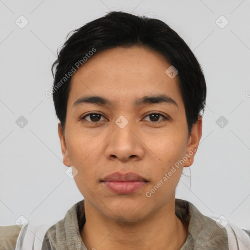 Neutral asian young-adult male with short  black hair and brown eyes