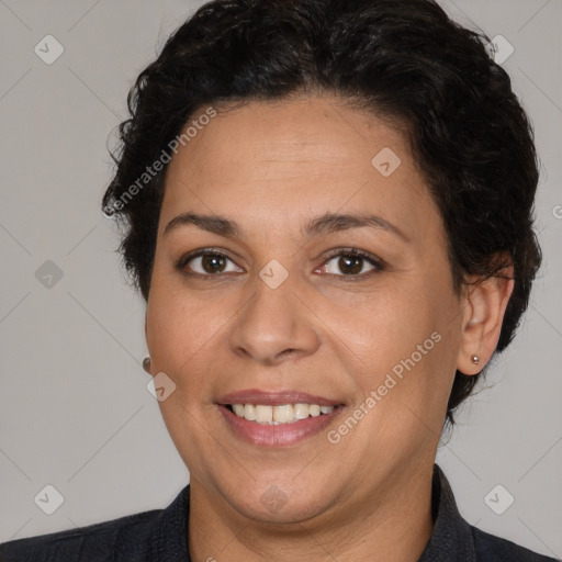 Joyful white adult female with short  brown hair and brown eyes