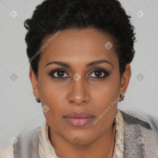 Neutral black young-adult female with short  brown hair and brown eyes