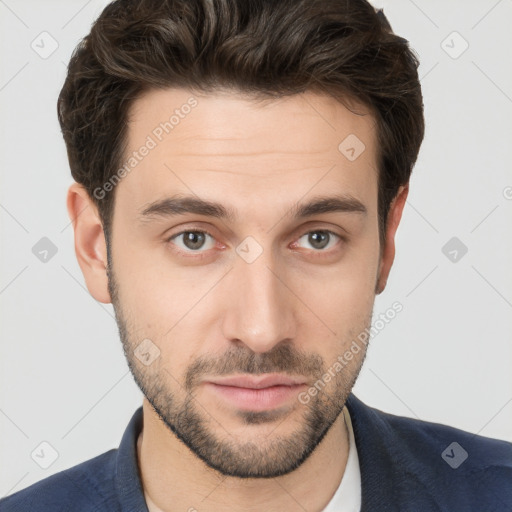 Neutral white young-adult male with short  brown hair and brown eyes