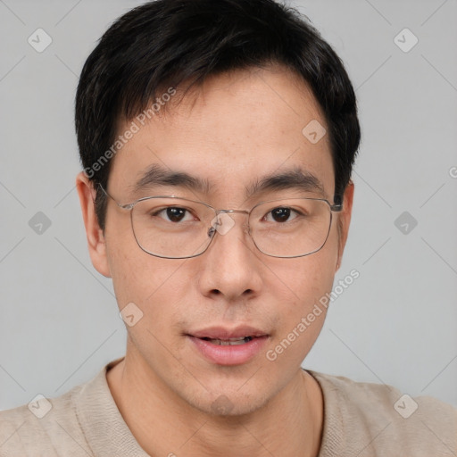 Neutral asian young-adult male with short  brown hair and brown eyes