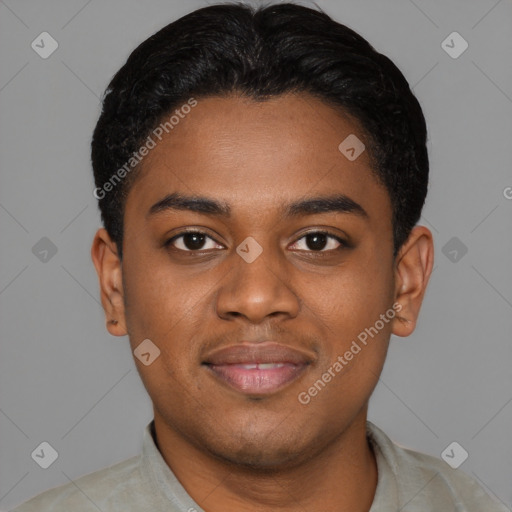 Joyful black young-adult male with short  black hair and brown eyes