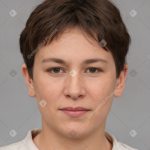 Joyful white young-adult female with short  brown hair and brown eyes