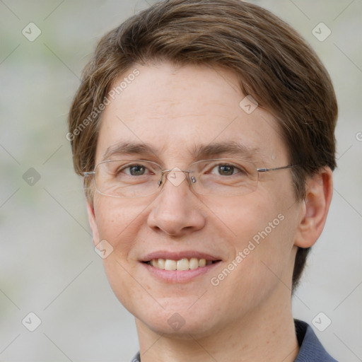 Joyful white adult female with short  brown hair and grey eyes