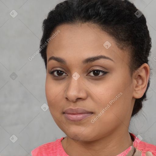 Joyful latino young-adult female with short  brown hair and brown eyes