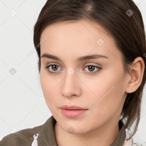 Neutral white young-adult female with medium  brown hair and brown eyes