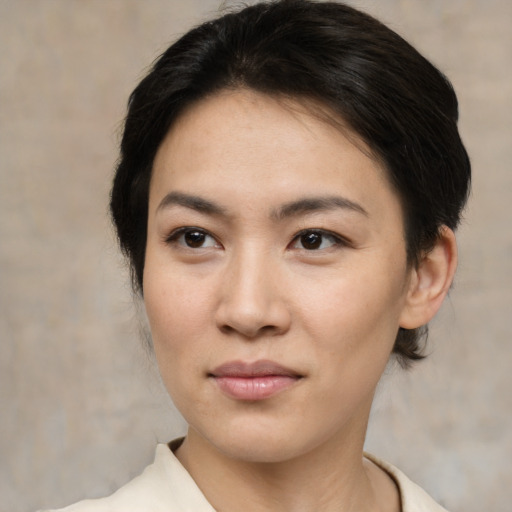 Neutral asian young-adult female with short  brown hair and brown eyes