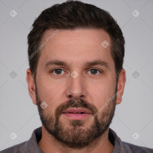 Neutral white young-adult male with short  brown hair and brown eyes