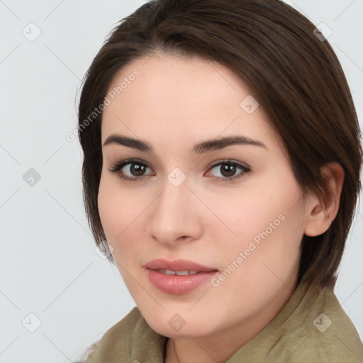 Neutral white young-adult female with medium  brown hair and brown eyes