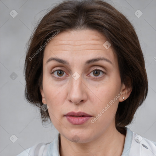 Neutral white adult female with medium  brown hair and brown eyes