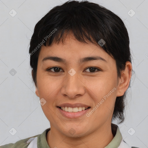 Joyful asian young-adult female with medium  brown hair and brown eyes