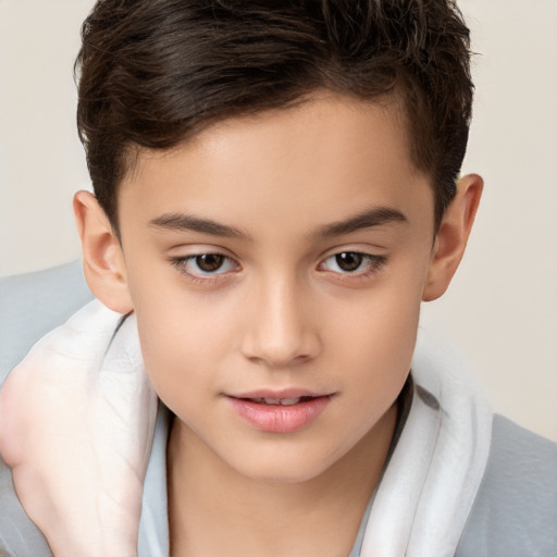 Joyful white child female with short  brown hair and brown eyes