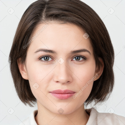 Neutral white young-adult female with medium  brown hair and brown eyes