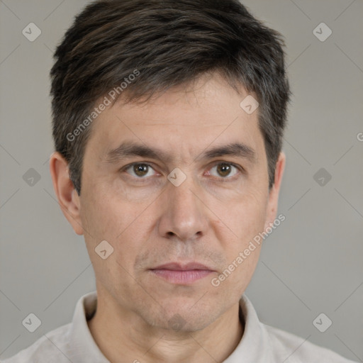 Neutral white adult male with short  brown hair and brown eyes