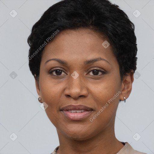 Joyful latino young-adult female with short  black hair and brown eyes