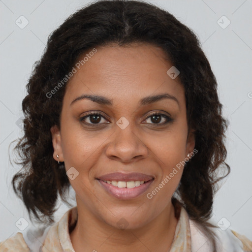 Joyful black young-adult female with medium  brown hair and brown eyes