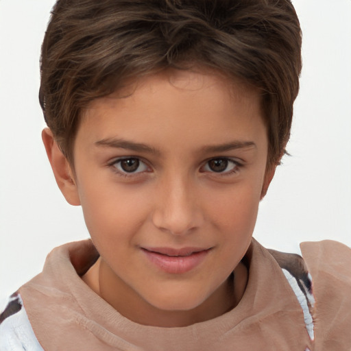 Joyful white child female with short  brown hair and brown eyes