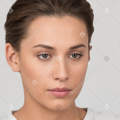 Neutral white young-adult female with short  brown hair and brown eyes