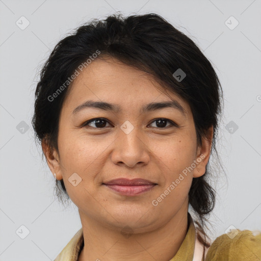 Joyful white adult female with medium  brown hair and brown eyes