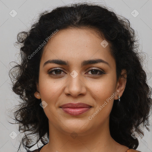 Joyful latino young-adult female with long  brown hair and brown eyes