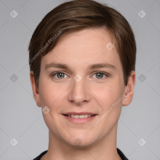 Joyful white young-adult female with short  brown hair and grey eyes