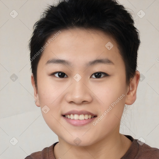 Joyful white young-adult female with short  black hair and brown eyes