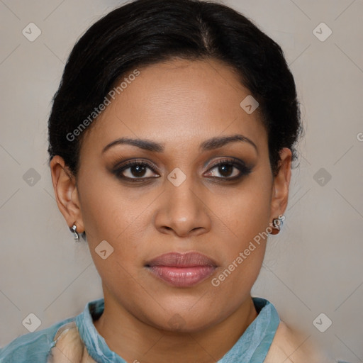 Joyful asian young-adult female with short  brown hair and brown eyes