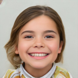 Joyful white child female with medium  brown hair and brown eyes