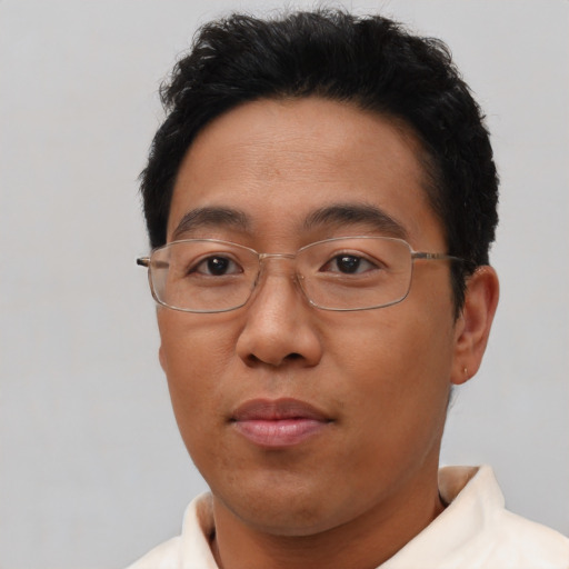 Neutral asian adult male with short  brown hair and brown eyes