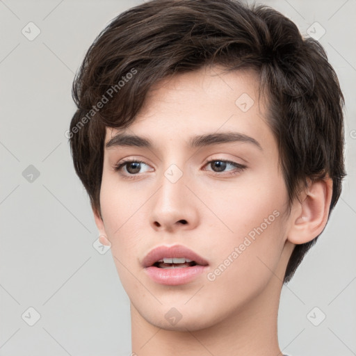 Neutral white young-adult male with short  brown hair and brown eyes