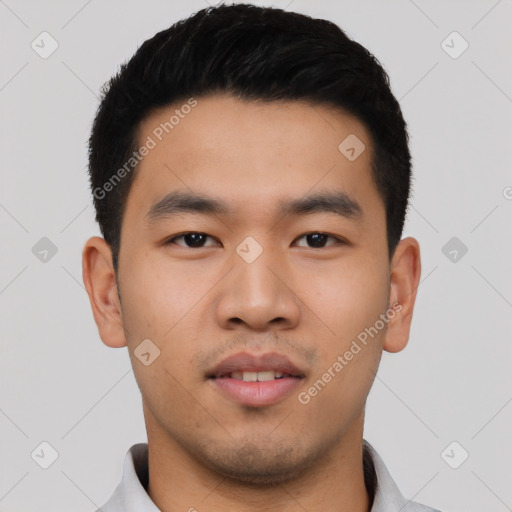 Neutral asian young-adult male with short  black hair and brown eyes