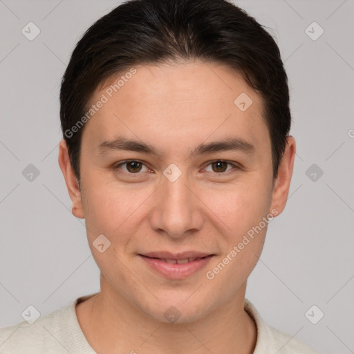 Joyful white young-adult male with short  brown hair and brown eyes