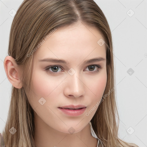 Neutral white young-adult female with long  brown hair and brown eyes