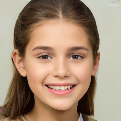 Joyful white child female with long  brown hair and brown eyes