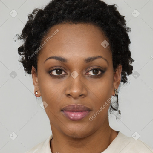 Neutral black young-adult female with short  black hair and brown eyes