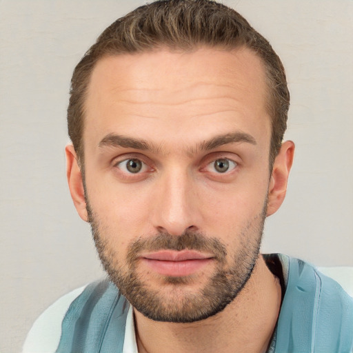 Neutral white young-adult male with short  brown hair and brown eyes