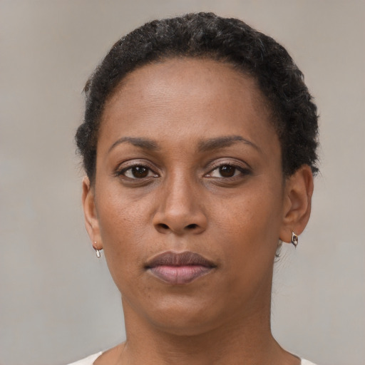 Neutral black adult female with short  brown hair and brown eyes