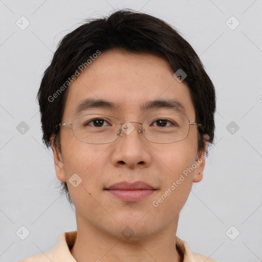 Joyful white adult male with short  brown hair and brown eyes