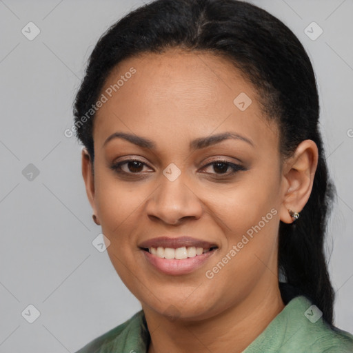 Joyful latino young-adult female with short  black hair and brown eyes