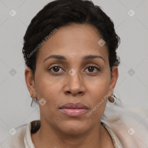 Joyful black adult female with short  brown hair and brown eyes