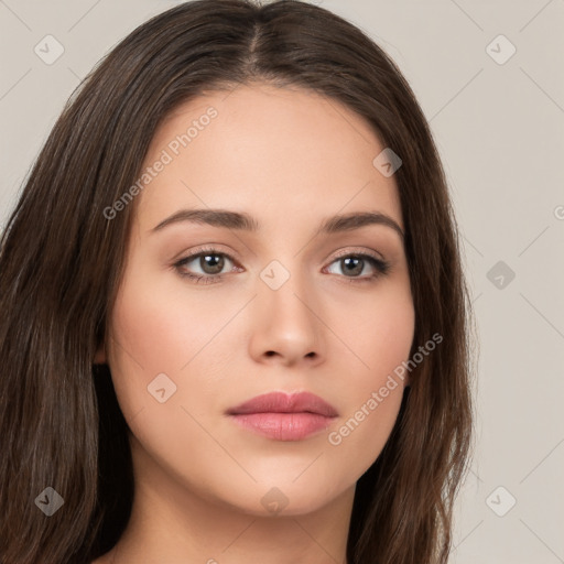 Neutral white young-adult female with long  brown hair and brown eyes