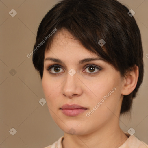 Neutral white young-adult female with medium  brown hair and brown eyes