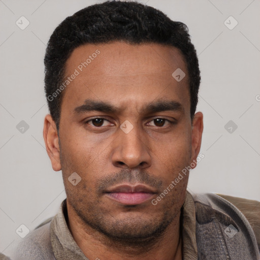 Neutral latino young-adult male with short  black hair and brown eyes
